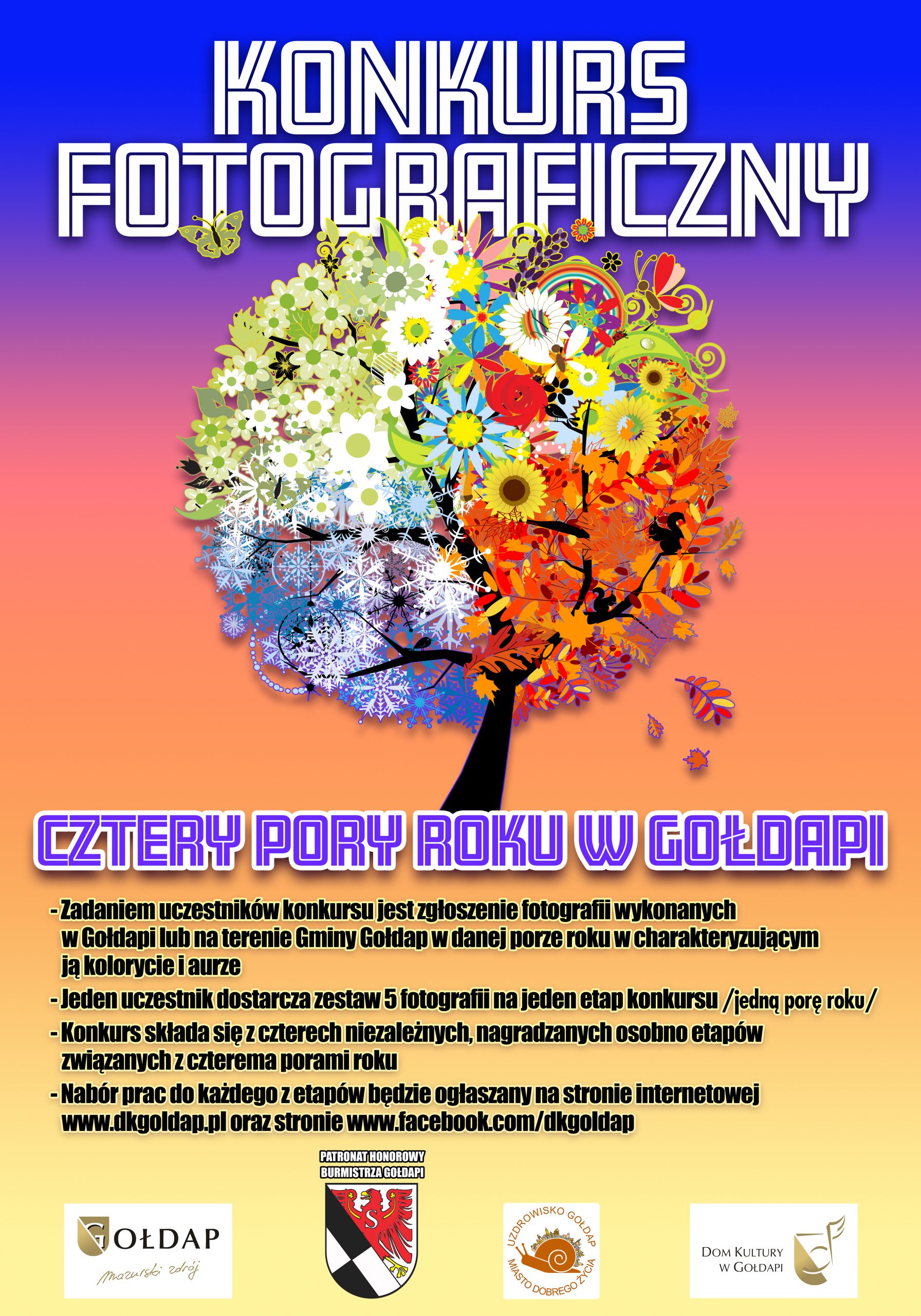 Plakat konkursu fotograficznego pod hasłem "Cztery pory roku w Gołdapi"